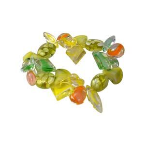 Vintage 60s Lucite Faux Lampwork Yellow Orange Green Fruit Salad Beads Bracelet